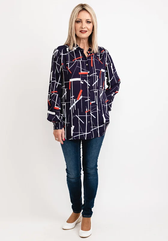 iBlues Clara Geo Print Sheer Shirt, Navy Multi-- Anti-Pilling Machine Wash Handmade