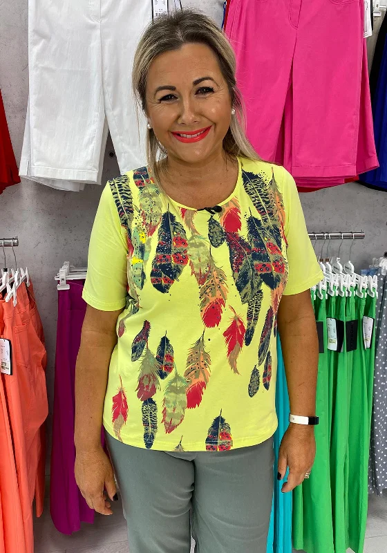Leon Collection Feather Print Y-Shirt, Neon Green-- Notch Collar Peter Pan Collar Cowl Neck