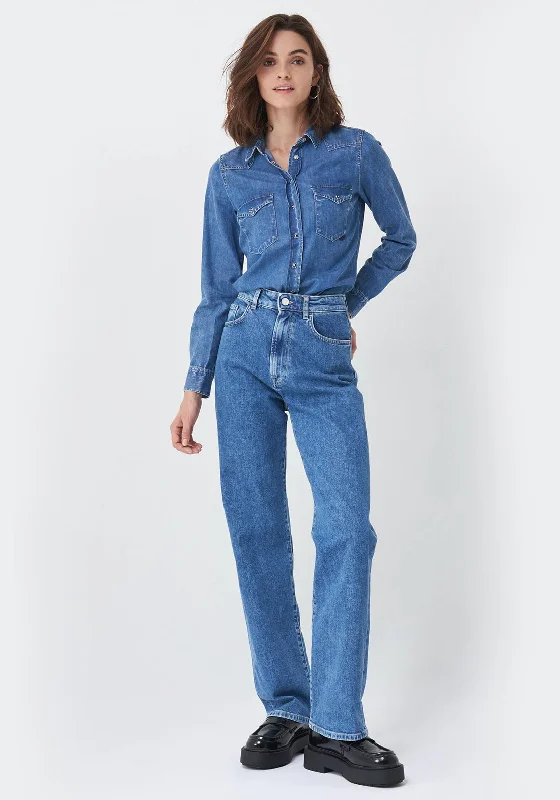 Salsa Slim Denim Shirt, Medium Blue-- Beaded Sequined Faux Fur