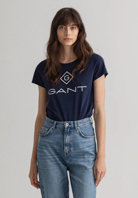 GANT Womens Lock Up Logo Print T-Shirt, Navy-- Lace Blend Ribbed Blend Corduroy Blend