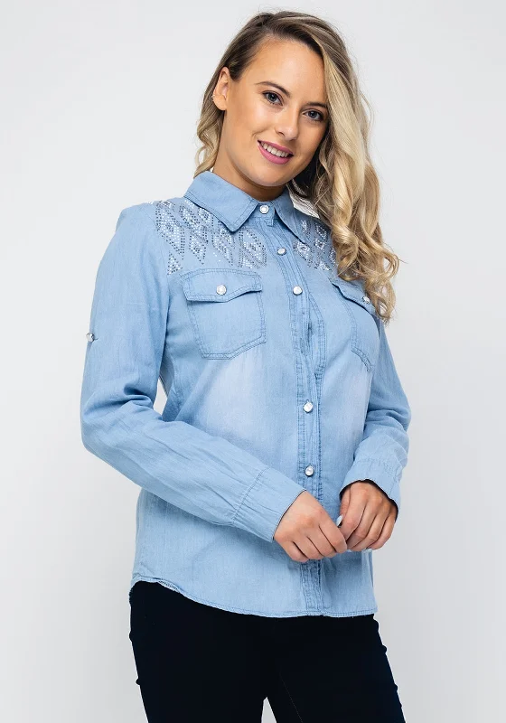 Seventy1 Studded Denim Shirt, Blue-- Denim Fabric Leather Fabric Suede Fabric