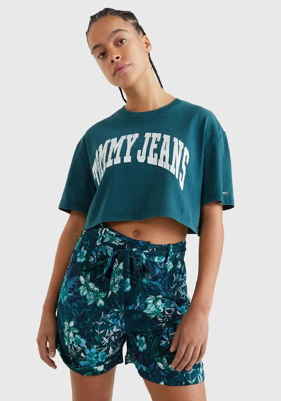 Tommy Jeans Womens Crop College T-Shirt, Rainforest Green-- Print Jacquard Patchwork Tommy Jeans Womens Crop College T-Shirt, Rainforest Green-- Print Jacquard Patchwork