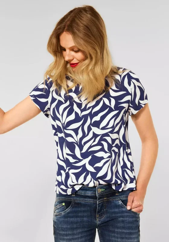 Street One Leaf Stripe Mix Print T-Shirt, Lake Blue & White-- Spandex Blend Rayon Blend Denim Blend Street One Leaf Stripe Mix Print T-Shirt, Lake Blue & White-- Spandex Blend Rayon Blend Denim Blend