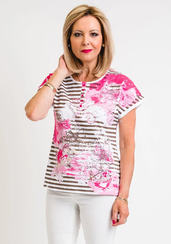 Leon Collection Striped Graphic Print T-Shirt, Pink & White-- Casual Formal Business
