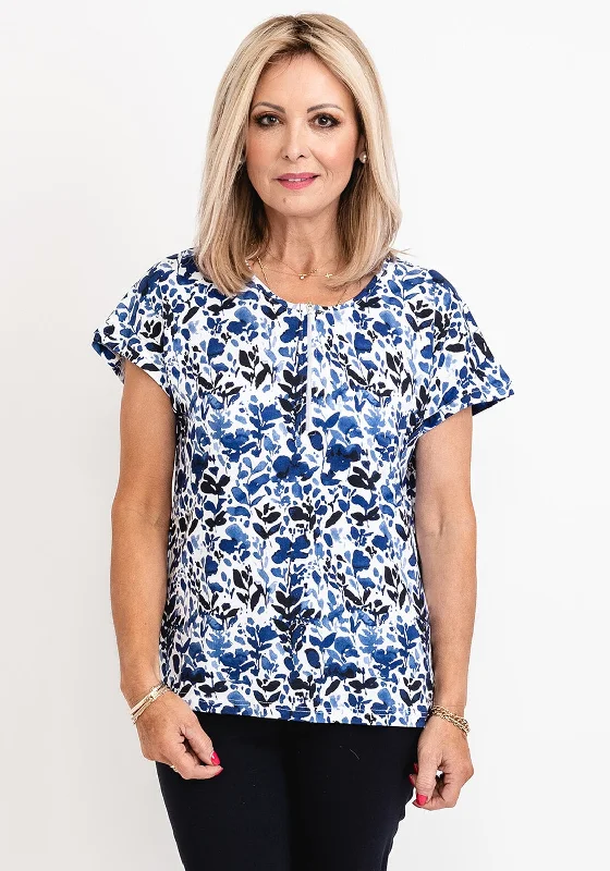 Micha Floral Round Zip Neck T-Shirt, Blue Multi-- Knit Fabric Woven Fabric Fleece Fabric Micha Floral Round Zip Neck T-Shirt, Blue Multi-- Knit Fabric Woven Fabric Fleece Fabric