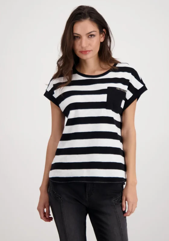 Monari Striped Patch Pocket T-Shirt, Black & White-- Iron Safe Non-Iron Wrinkle Free Monari Striped Patch Pocket T-Shirt, Black & White-- Iron Safe Non-Iron Wrinkle Free