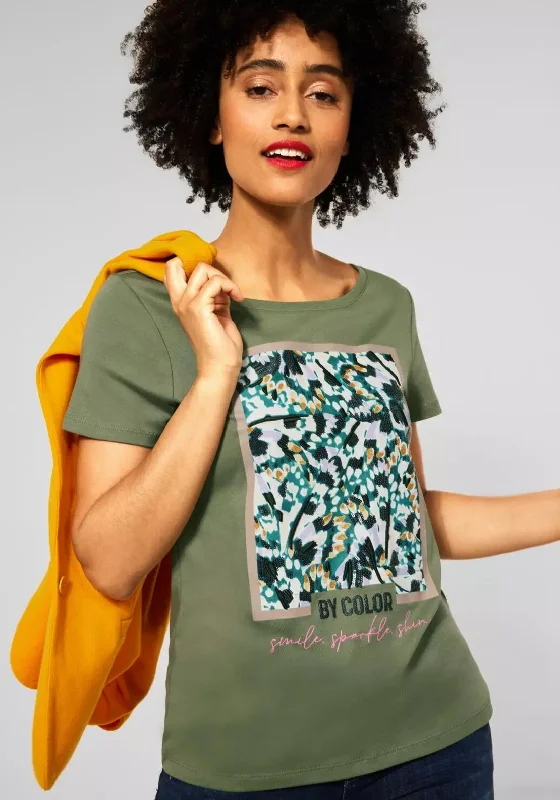 Street One Sequin Graphic Box T-Shirt, Far Green-- Boxy Fit Fitted Loose