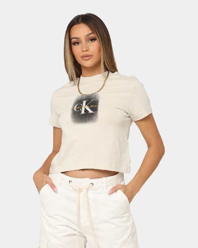 Calvin Klein Women's Spray Monologo Baby T-Shirt Eggshell-- Silk Blend Satin Velvet