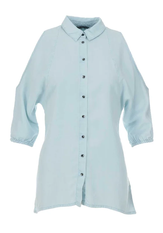 Guess Womens Cold Shoulder Shirt, Blue-- Mesh Blend Leather Blend Suede Blend
