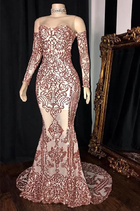 Gorgeous Long Sleeve Rose Pink Prom Dress | Mermaid Long Sequins Evening Party Dress BC1534 Off-the-shoulder Bohemian Festive Gorgeous Long Sleeve Rose Pink Prom Dress | Mermaid Long Sequins Evening Party Dress BC1534 Off-the-shoulder Bohemian Festive