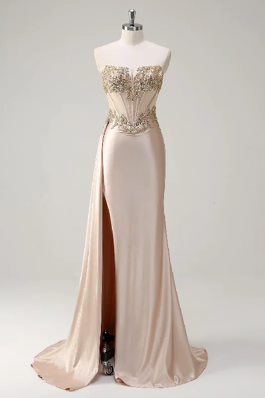 Champagne Strapless Mermaid Satin Side Cape Prom Dress with Sequins Tunics Ceremony elegant Champagne Strapless Mermaid Satin Side Cape Prom Dress with Sequins Tunics Ceremony elegant