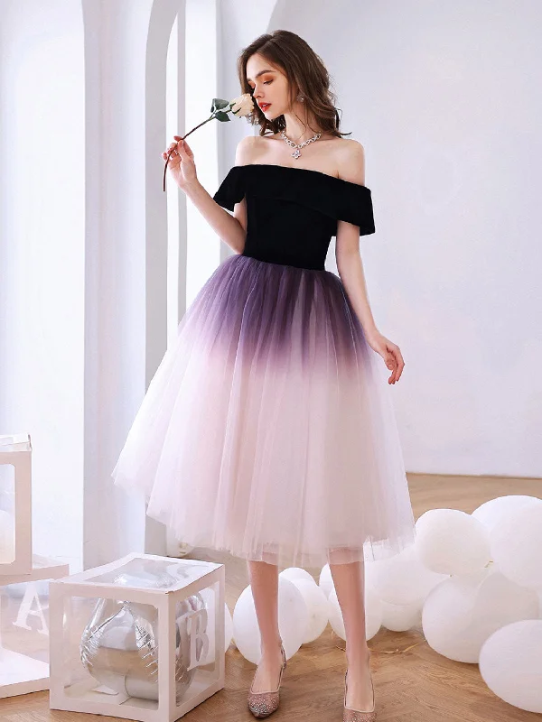 Purple Off Shoulder Tulle Short Puffy Prom Dresses, Puffy Purple Homecoming Dresses empire Waist empire
