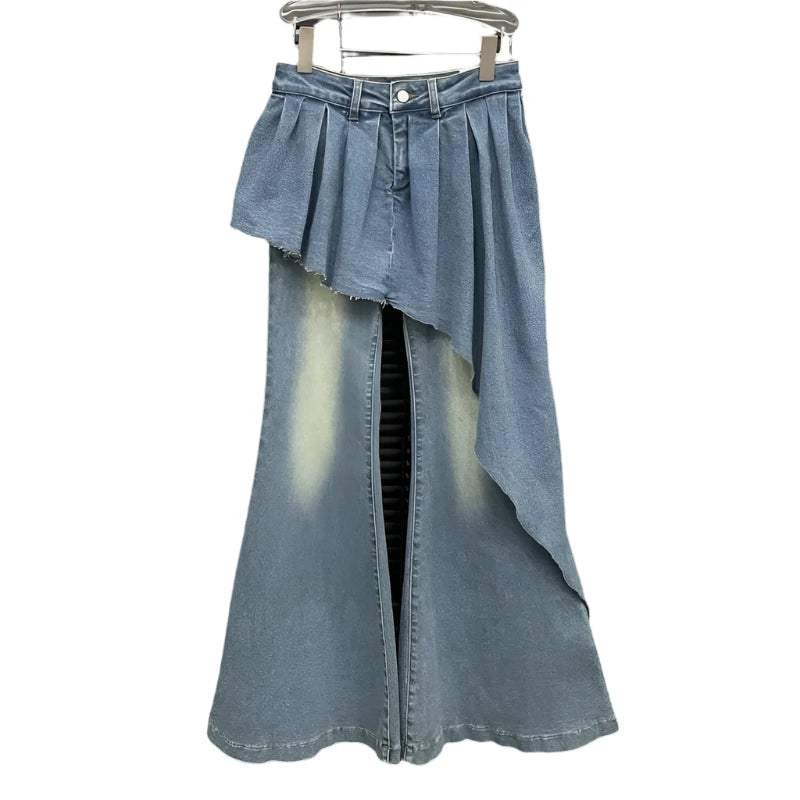 Irregular Skirt Fake 2 Pcs Denim Flare Pants High-Waist Jeans