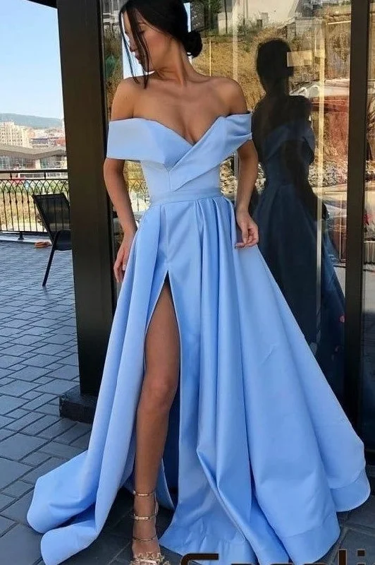 Aqua Blue Satin Long Prom Party Dresses with Off-the-shoulder Chiffon Maxi Beach