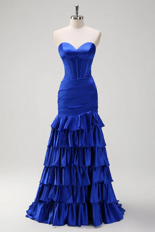 Royal Blue Mermaid Strapless Corset Tiered Prom Dress Tunics Timeless classic