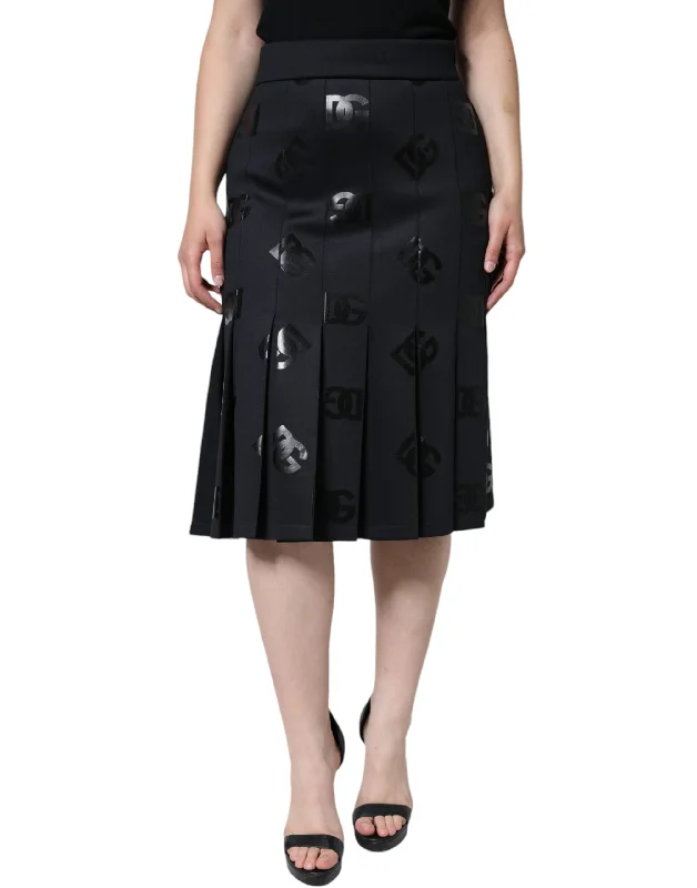 Dolce & Gabbana Black DG Monogram Pleated Midi Skirt flowy skirt hem