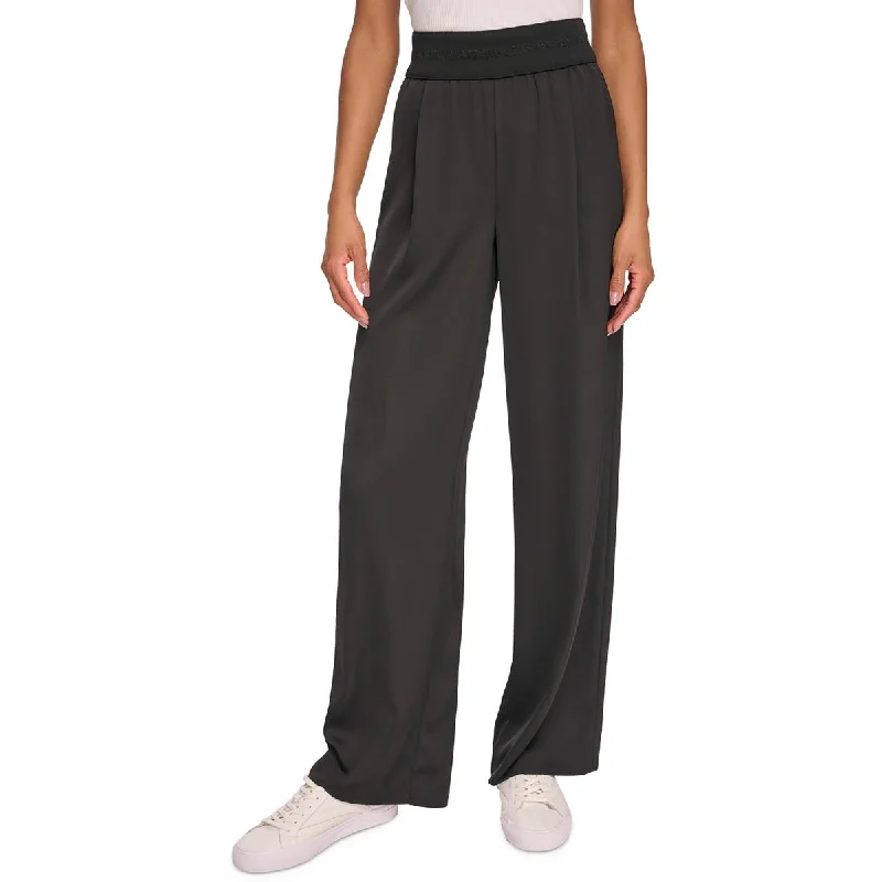 Karl Lagerfeld Paris Womens Logo Pleated Wide Leg Pants Trendy Printed Pants