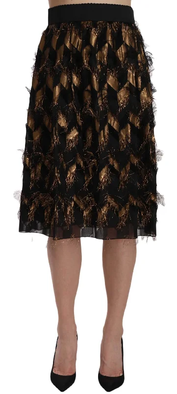 Dolce & Gabbana Elegant Gold Black Silk Blend High Waist Skirt cashmere skirt fine