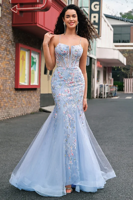 Light Blue Floral Beaded Mermaid Spaghetti Straps Tulle Prom Dress Tunics Luxurious high-end Light Blue Floral Beaded Mermaid Spaghetti Straps Tulle Prom Dress Tunics Luxurious high-end