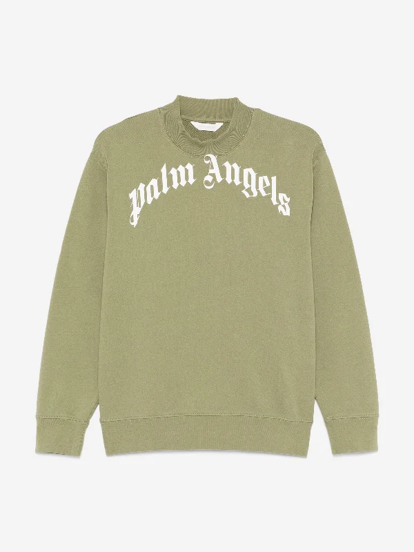Palm Angels Kids Classic Curved Logo Sweatshirt in Green Hoodie with Toggle Buttons Decorative Unique Palm Angels Kids Classic Curved Logo Sweatshirt in Green Hoodie with Toggle Buttons Decorative Unique
