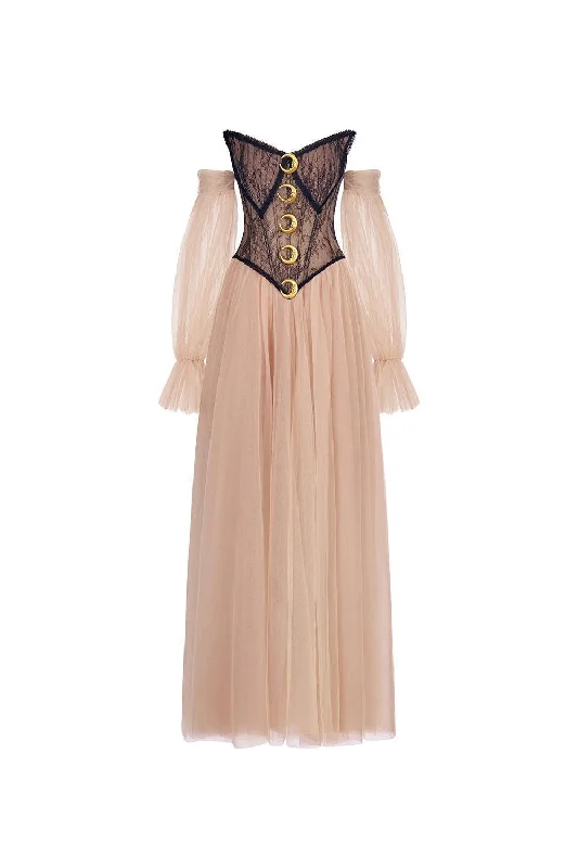 The Moon Ball Gown Corset Waist Mesh Lace Floor Length Dress Halter Neckline Beach