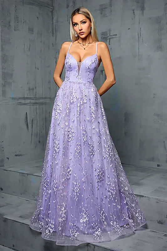 Light Purple A Line Spaghetti Straps Tulle Prom Dress Square Neckline Feminine