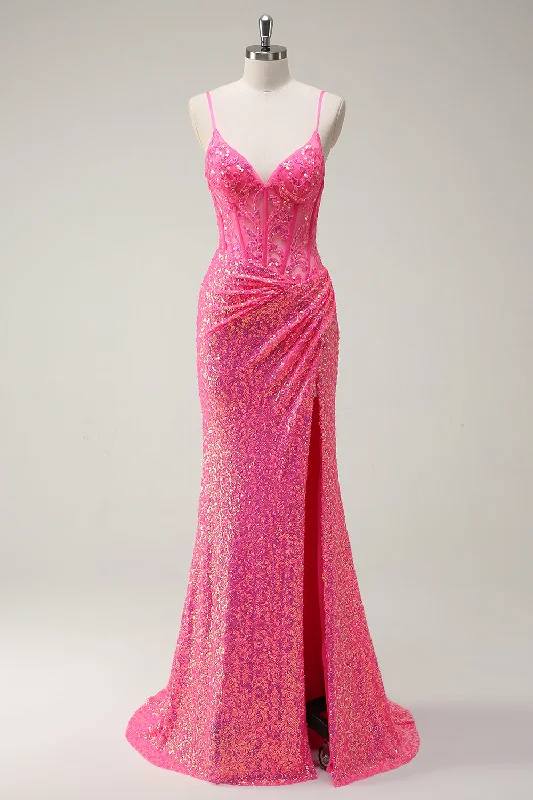 Sparkly Hot Pink Sequin Corset Mermaid Prom Dress with Slit Tunics Canvas sturdy