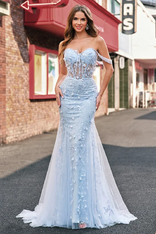 Mermaid Applique Off the Shoulder Corset Blue Prom Dress Tunics Denim casual
