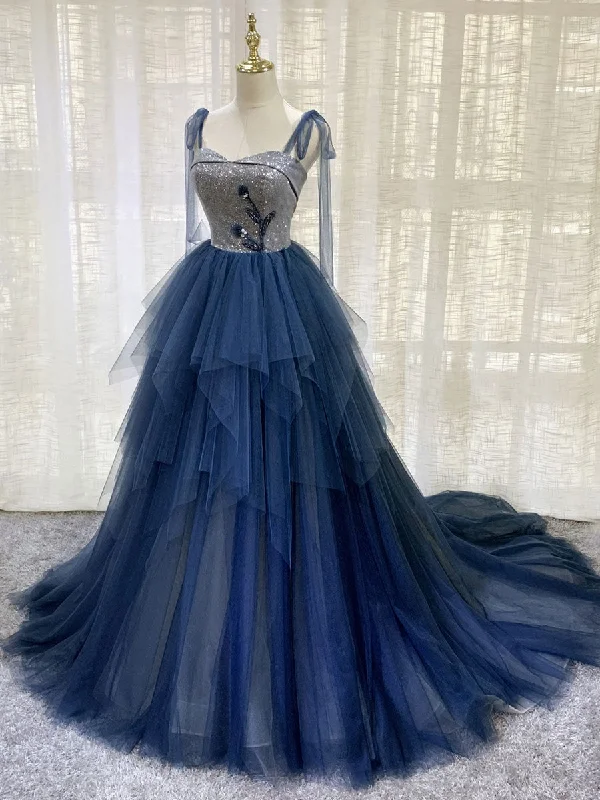 Blue Tulle Long Prom Dress, Blue Tulle Long Evening Dress Tunics Handmade artisanal
