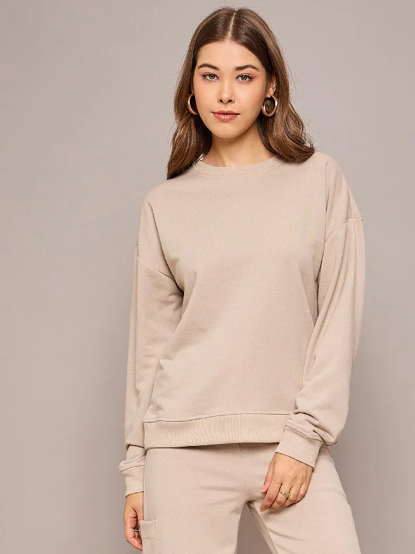 Women Taupe Terry Oversized Sweatshirt Hoodie with Frayed Bohemian Relaxed