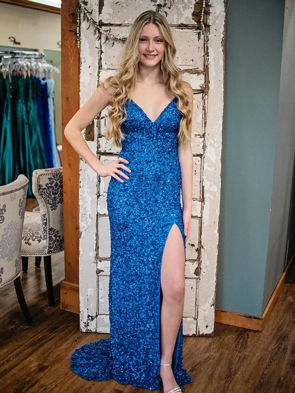 Shiny V Neck Blue Long Prom Dresses, Blue V Neck Long Formal Evening Dresses Tunics Chic fashionable Shiny V Neck Blue Long Prom Dresses, Blue V Neck Long Formal Evening Dresses Tunics Chic fashionable