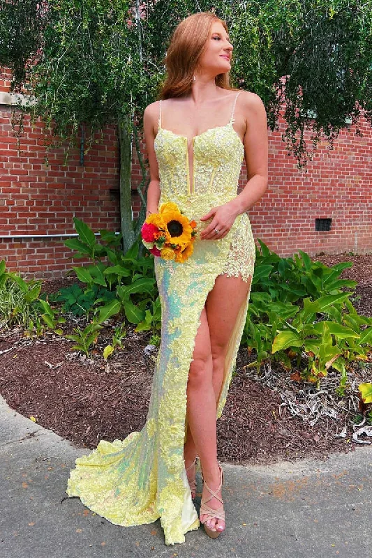 Yellow Sequins Plunge Neck Long Prom Dress with Slit Evening Party Dress OK1533 Tunics Occasion special Yellow Sequins Plunge Neck Long Prom Dress with Slit Evening Party Dress OK1533 Tunics Occasion special