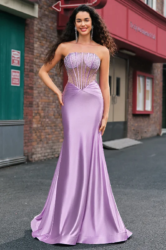 Purple Beaded Mermaid Corset Strapless Long Prom Dress Tunics Satin smooth