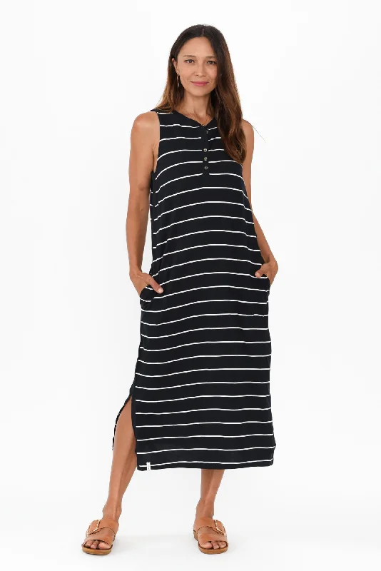 Elysian Navy Stripe Cotton Pocket Dress sweetheart Neckline Romantic