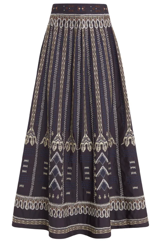 Camille Skirt Calliope Embroidery | Blue midi skirt versatile