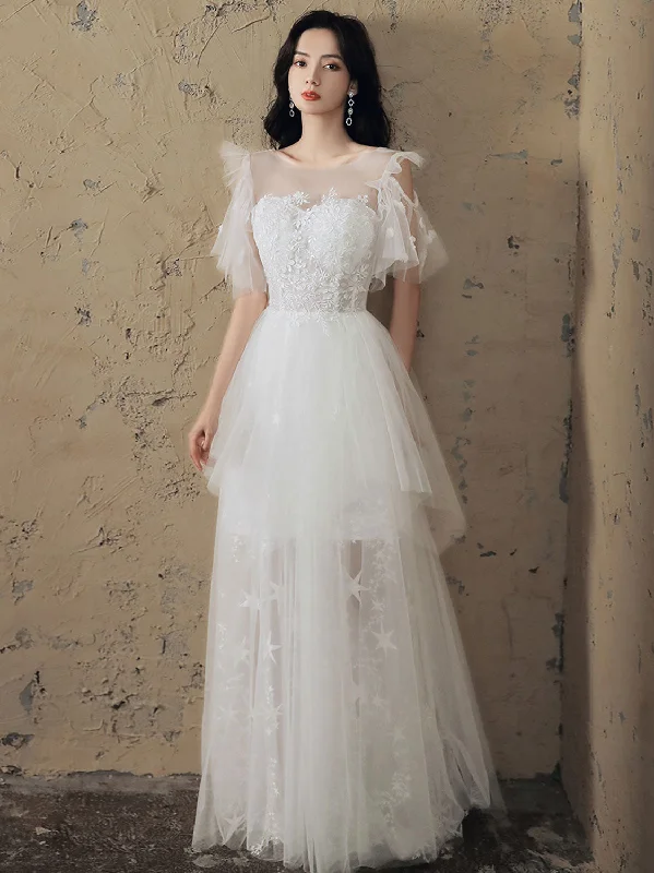 A line Lace White Long Prom Dresses, White Formal Dresses Tunics Practical durable