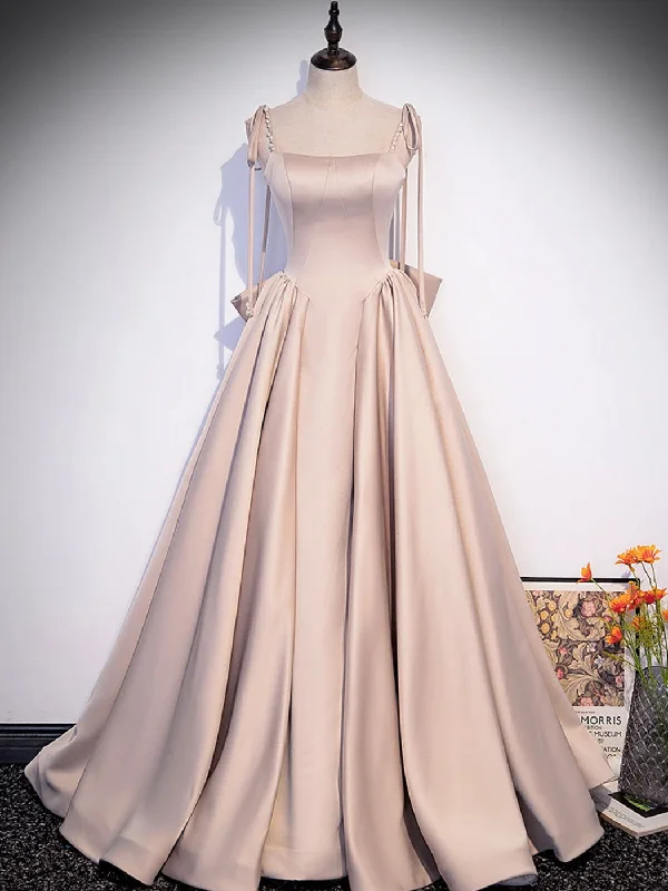 Champagne A-Line Satin Long Prom Dress, Champagne Evening Dresses Shift Classic Vintage