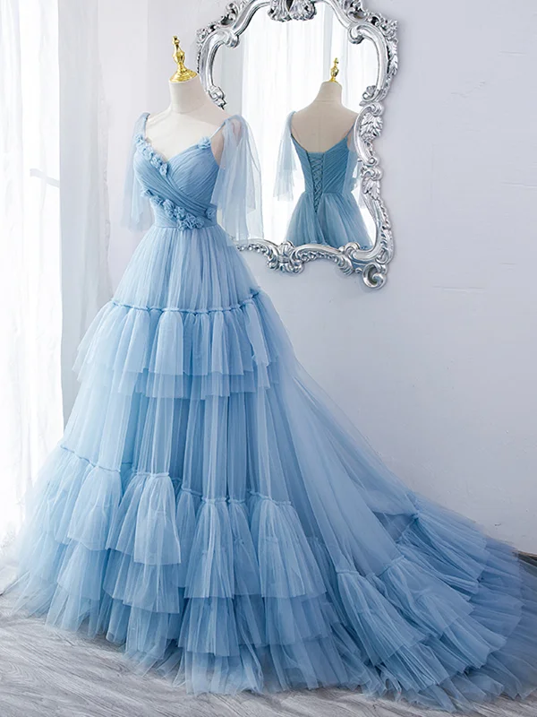 V Neck Blue Long Prom Dress with Sweep Train, V Neck Blue Long Formal Evening Dresses Tunics Lace romantic V Neck Blue Long Prom Dress with Sweep Train, V Neck Blue Long Formal Evening Dresses Tunics Lace romantic