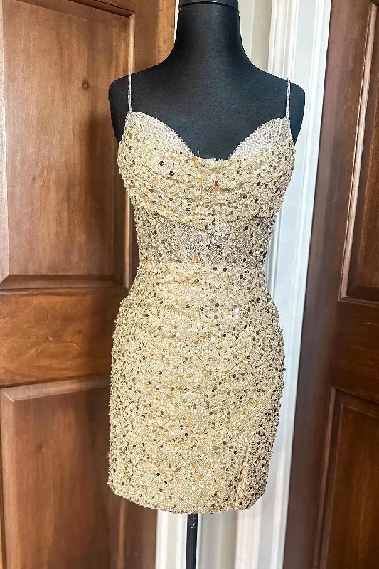 Cowl Neck Gold Sequin Tight Party Dress Tunics Practical easy-care