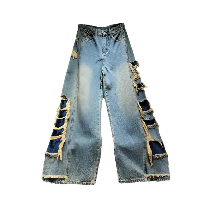 Distressed Broken Holes Straight Wide Leg Tassel Denim Pants Trendy Wide-Legged Trousers Distressed Broken Holes Straight Wide Leg Tassel Denim Pants Trendy Wide-Legged Trousers
