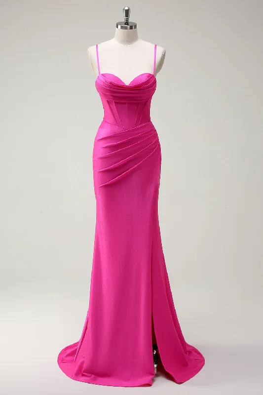 Fuchsia Spaghetti Straps Mermaid Long Prom Dress with Slit Tunics Stylish elegant