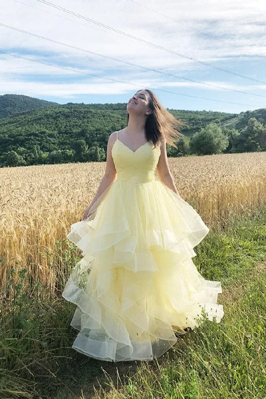 Yellow Layered Tulle Long Prom Dress V Neck Party Dress WP437 Tunics Bridal satin