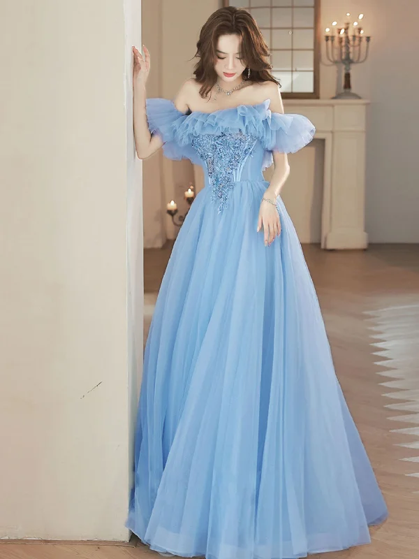 A-Line Tulle Lace Blue Long Prom Dress, Blue Formal Dresses Boatneck Modish Everyday A-Line Tulle Lace Blue Long Prom Dress, Blue Formal Dresses Boatneck Modish Everyday
