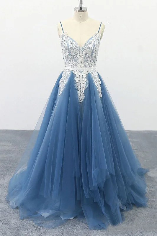 Spaghetti Straps A-line Party Dress Appliques Blue Tulle Prom Dress OKS13 Cowl Neckline Elegant Spaghetti Straps A-line Party Dress Appliques Blue Tulle Prom Dress OKS13 Cowl Neckline Elegant