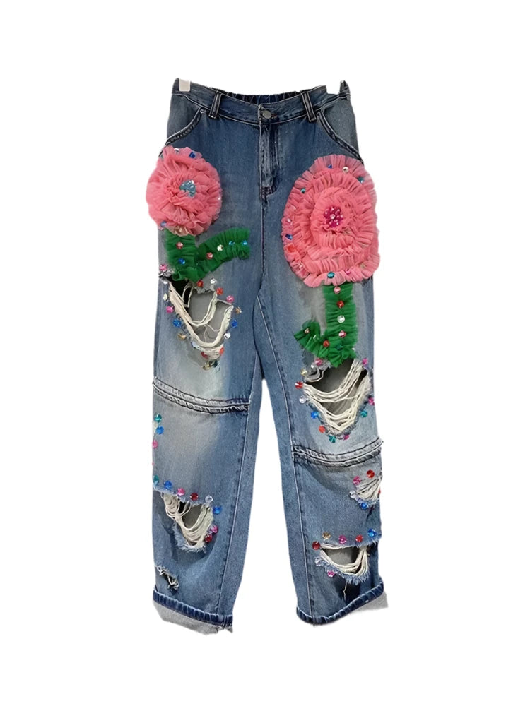 Embroidered Cut Out 3d Pleated Lace Flowers Denim Pants Classic Stretch Pants