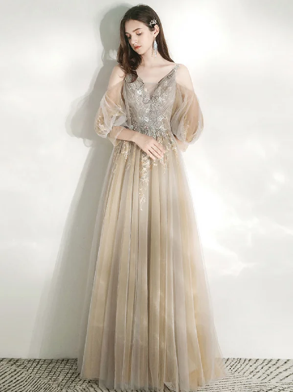 Champagne A Line Tulle lace long Prom Dress, Champagne Graduation Dresses Tunics Silk luxurious Champagne A Line Tulle lace long Prom Dress, Champagne Graduation Dresses Tunics Silk luxurious