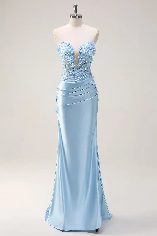 Sky Blue Mermaid Strapless Sequin Prom Dress With Appliques Tunics Short Trendy
