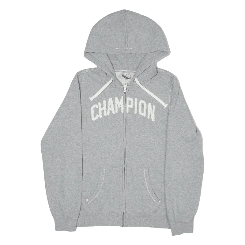 CHAMPION Hoodie Grey Full Zip Womens L Hoodie with Distressed Vintage Worn