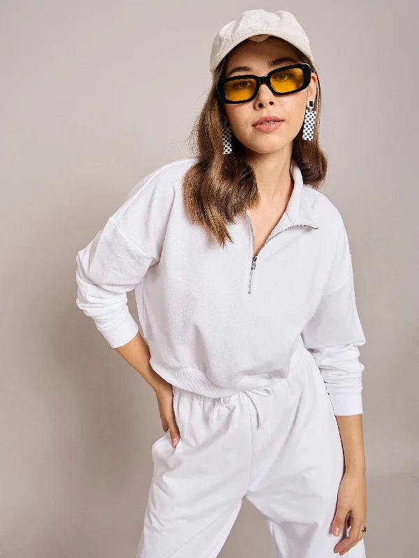 Women White Terry Oversized Zipper Sweatshirt Hoodie with Distressed Vintage Worn