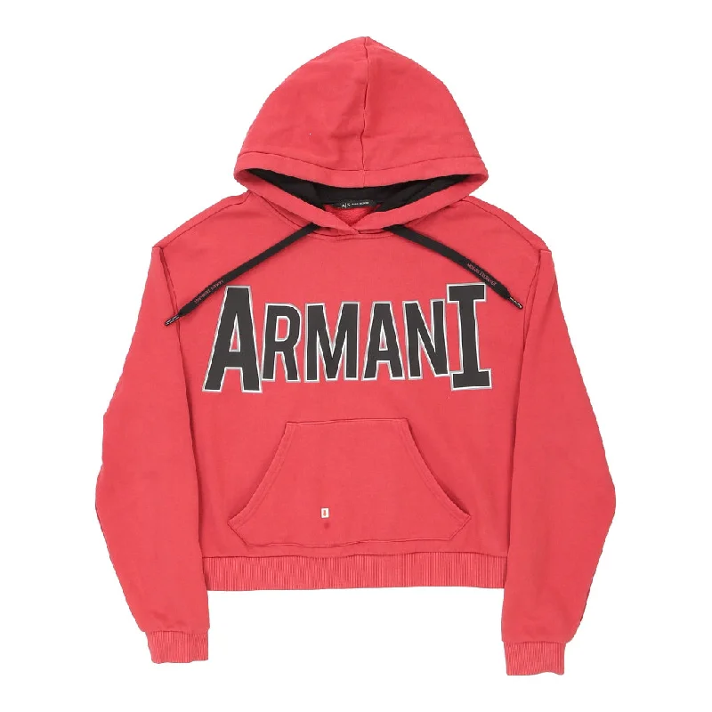 Armani Exchange Spellout Hoodie - Small Pink Cotton Blend Hoodie with Drop Shoulder Relaxed Streetwear Armani Exchange Spellout Hoodie - Small Pink Cotton Blend Hoodie with Drop Shoulder Relaxed Streetwear